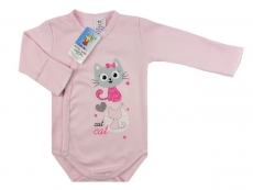 Kojenecké body zavinovací + přehrnovací rukávky Kočička - Růžová - vel. 50